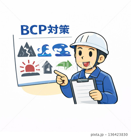 BCP対策と災害対策の説明をする作業員 イラスト｜事業継続計画・防災・工場安全管理 136423830