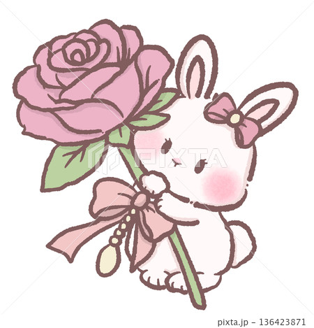 Cute bunny holding single pink rose with ribbon and pearl charm romantic pastel coquette illustration for love clipart Cute bunny holding single pink rose with ribbon and pearl charm romantic pastel coquette illustration for love clipart 136423871