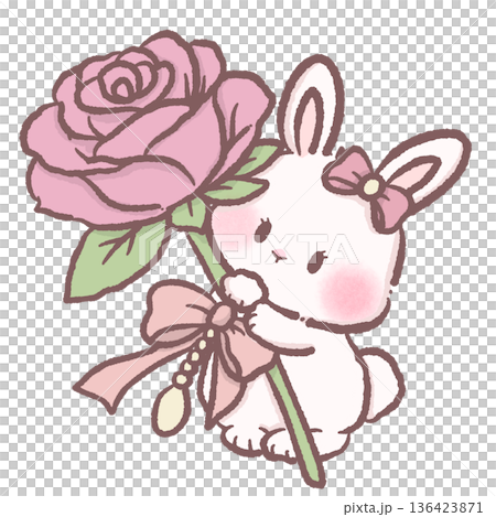 Cute bunny holding single pink rose with ribbon and pearl charm romantic pastel coquette illustration for love clipart Cute bunny holding single pink rose with ribbon and pearl charm romantic pastel coquette illustration for love clipart 136423871