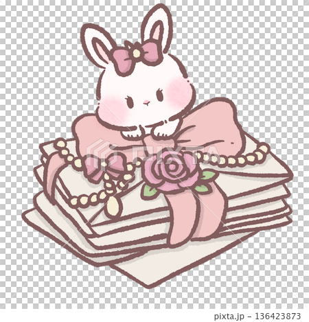 Kawaii bunny sitting on stacked love letters with pink bow rose and pearl details soft pastel coquette illustration for romantic stationery and valentine themes Kawaii bunny sitting on stacked love letters with pink bow rose and pearl details soft pastel coquette illustration for romantic stationery and valentine themes 136423873