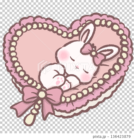 Sleeping bunny inside heart shaped pearl cushion soft pink romantic kawaii illustration for love themed clipart Sleeping bunny inside heart shaped pearl cushion soft pink romantic kawaii illustration for love themed clipart 136423879