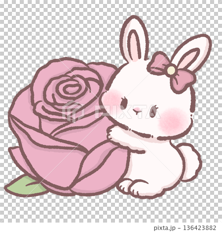 Cute bunny hugging large pink rose soft pastel kawaii illustration with romantic floral theme coquette style for valentine and spring designs Cute bunny hugging large pink rose soft pastel kawaii illustration with romantic floral theme coquette style for valentine and spring designs 136423882