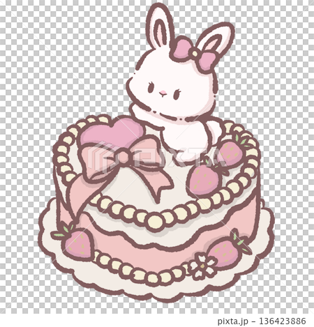 Cute Bunny Illustration Sitting on Strawberry Cream Cake with Pink Bow and Pearl Decoration in Kawaii Coquette Dessert Style Cute Bunny Illustration Sitting on Strawberry Cream Cake with Pink Bow and Pearl Decoration in Kawaii Coquette Dessert Style 136423886