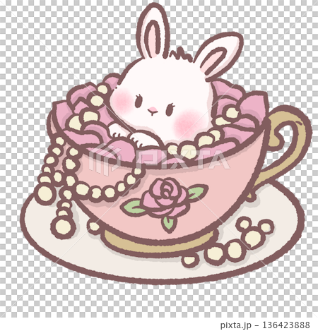 Cute bunny sitting inside pink teacup filled with roses and pearls pastel coquette illustration for romantic clipart Cute bunny sitting inside pink teacup filled with roses and pearls pastel coquette illustration for romantic clipart 136423888