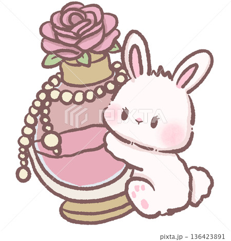 Cute Bunny Illustration Hugging Vintage Perfume Bottle with Pink Rose and Pearl Chain in Kawaii Coquette Pastel Style Cute Bunny Illustration Hugging Vintage Perfume Bottle with Pink Rose and Pearl Chain in Kawaii Coquette Pastel Style 136423891