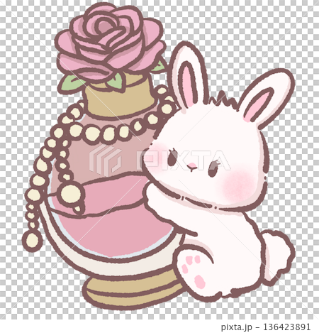 Cute Bunny Illustration Hugging Vintage Perfume Bottle with Pink Rose and Pearl Chain in Kawaii Coquette Pastel Style Cute Bunny Illustration Hugging Vintage Perfume Bottle with Pink Rose and Pearl Chain in Kawaii Coquette Pastel Style 136423891