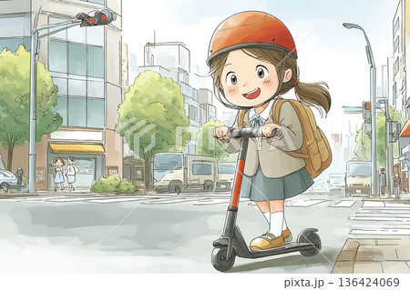 笑顔で電動キックボードに乗る制服の女子学生の通学シーン 笑顔で電動キックボードに乗る制服の女子学生の通学シーン 136424069