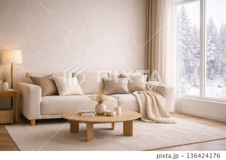 北欧冬リビング インテリア 背景 雪景色 ヒュッゲ ナチュラル空間 136424176