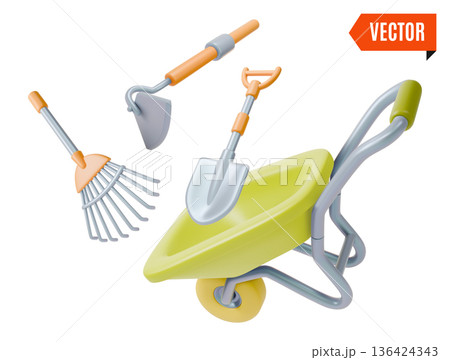 3d Colorful Wheelbarrow and Rake, Hoe and Shovel Tools Agricultural and Garden Concept Cartoon Style. Vector illustration 3d Colorful Wheelbarrow and Rake, Hoe and Shovel Tools Agricultural and Garden Concept Cartoon Style. Vector illustration 136424343