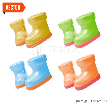 3d Different Color Rubber Boots Set Agricultural and Garden Concept Cartoon Design Style Isolated on a White Background. Vector illustration 136424344
