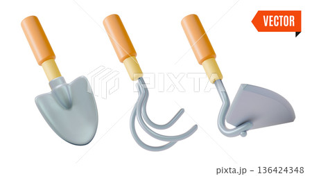 3d Colorful Manual Rake, Hoe and Shovel Tools Agricultural and Garden Concept Cartoon Design Style. Vector illustration 3d Colorful Manual Rake, Hoe and Shovel Tools Agricultural and Garden Concept Cartoon Design Style. Vector illustration 136424348