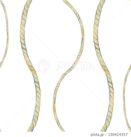 Hand-painted watercolor seamless pattern featuring vertical wavy hemp ropes. This realistic nautical design showcases twisted fiber textures in organic tan tones, perfect for marine-themed textiles 136424357