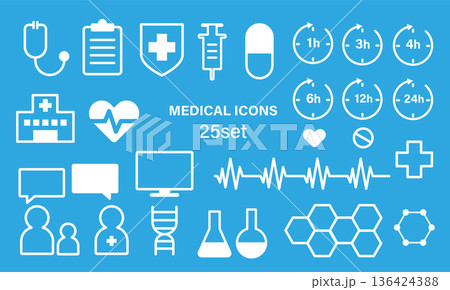 総合的な医療・ヘルスケアのラインアイコンセット、青背景に病院・薬局・デジタル健康サービス用の25個の 136424388