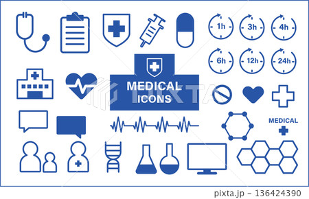 白背景の医療・ヘルスケアのラインアイコンセット、病院・薬局・研究所サービス用の青いシンボル 136424390
