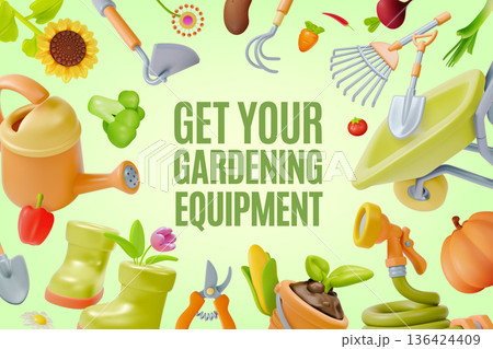 3d Get Your Gardening Equipment Agricultural and Garden Concept Ads Banner Poster Card Template. Vector illustration 136424409