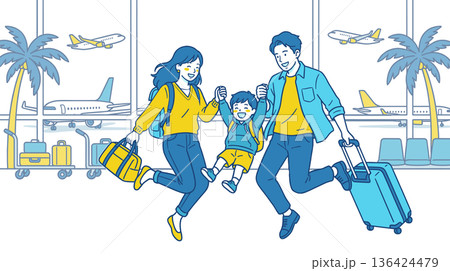 空港で出発する家族旅行の親子と飛行機とスーツケースのイラスト 136424479
