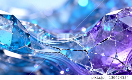 Fractured crystal surface glowing in blue and purple, sparkling with light reflections that evoke elegance and fragility Fractured crystal surface glowing in blue and purple, sparkling with light reflections that evoke elegance and fragility 136424524