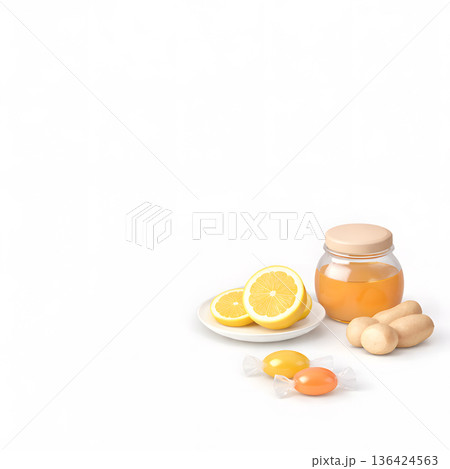 はちみつレモン のどケア 俯瞰 正方形 白背景 余白 136424563