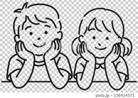 Brother and sister resting their chins on their hands - line drawing 136424571