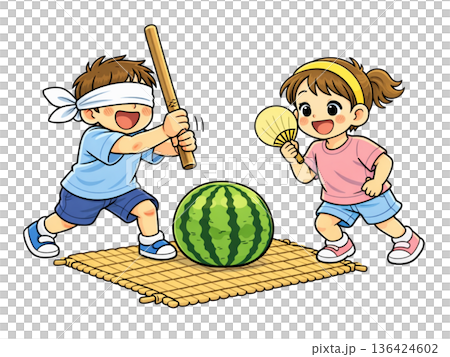 スイカ割りをする小学生 136424602