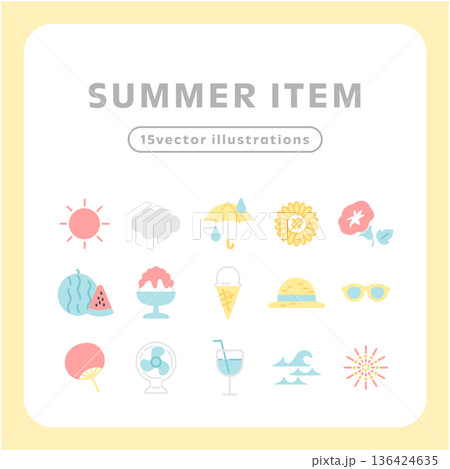 夏のアイテム アイコンセット｜やさしい配色の夏モチーフ ベクターイラスト 136424635