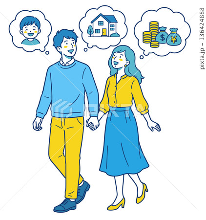 ライフプランと将来設計を考える夫婦と家・子ども・貯蓄のイメージイラスト 136424888