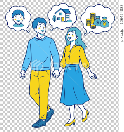 ライフプランと将来設計を考える夫婦と家・子ども・貯蓄のイメージイラスト 136424888