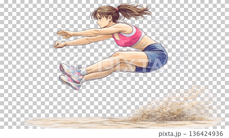 走り幅跳びで跳躍する女子アスリート 空中姿勢の瞬間 136424936