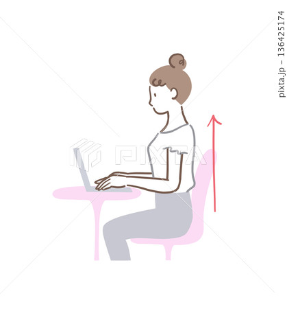 正しい姿勢で椅子に座ってパソコンを操作する女性のイラスト素材 正しい姿勢で椅子に座ってパソコンを操作する女性のイラスト素材 136425174