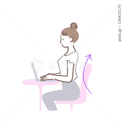 反り腰で椅子に座ってパソコンを操作する女性のイラスト素材 反り腰で椅子に座ってパソコンを操作する女性のイラスト素材 136425175