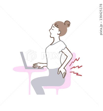 座りっぱなしのパソコン作業で腰が痛い女性のイラスト素材 136425178