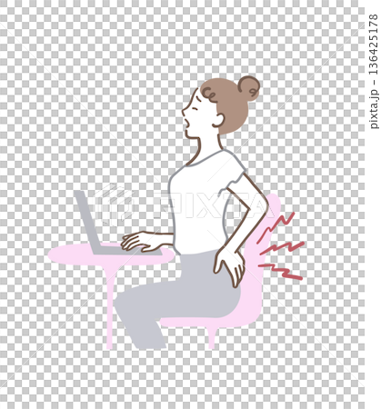 座りっぱなしのパソコン作業で腰が痛い女性のイラスト素材 136425178