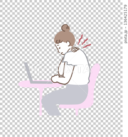 插畫資料：一位女士因久坐電腦工作而肩膀疼痛。 136425179