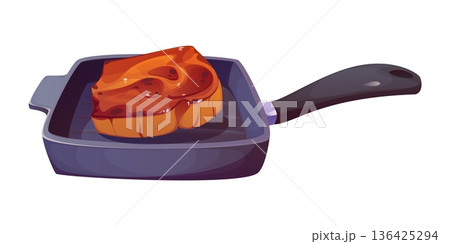 Cartoon cooking process of beef steak on a frying grill pan with a long handle. Vector raw juicy meat slice rests on heated ridges, culinary cook food preparation scene with kitchen utensil and meat 136425294