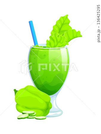 Green vegan smoothie glass drink. Fresh green smoothie decorated with lettuce leaves and straw, sliced cucumbers and green pepper. Healthy nutrition, detox diet organic beverage 136425295