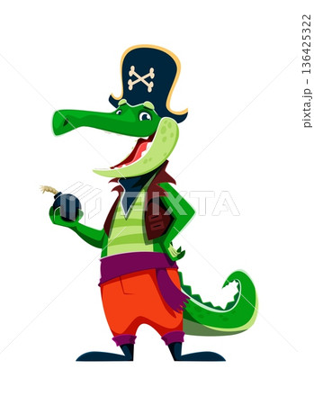Cartoon crocodile animal pirate vector character with green body and long snout, wearing striped shirt, red trousers and dark jacket. Croc corsair holds a black round bomb. Funny personage for party 136425322