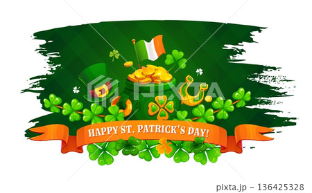 Grunge happy St Patrick s day holiday banner with pot of gold coins, Irish flag, golden horseshoe, leprechaun hat, trefoil shamrock leaf, treasure in cauldron and orange ribbon with festive lettering Grunge happy St Patrick s day holiday banner with pot of gold coins, Irish flag, golden horseshoe, leprechaun hat, trefoil shamrock leaf, treasure in cauldron and orange ribbon with festive lettering 136425328