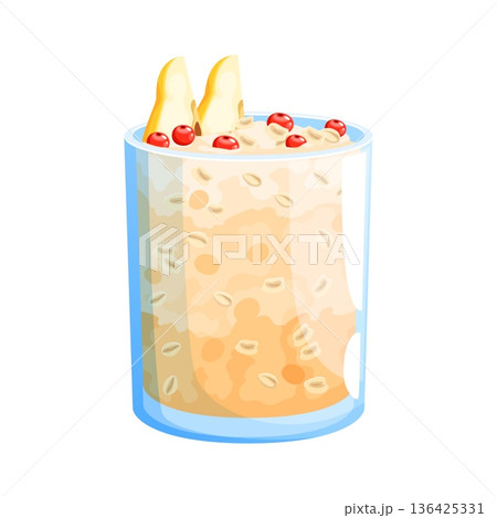 Cartoon oatmeal porridge dessert in transparent glass topped with pear fruit slices and berries. Healthy vector cereal breakfast meal. Creamy oat meal with grains, isolated nutrition and morning food Cartoon oatmeal porridge dessert in transparent glass topped with pear fruit slices and berries. Healthy vector cereal breakfast meal. Creamy oat meal with grains, isolated nutrition and morning food 136425331