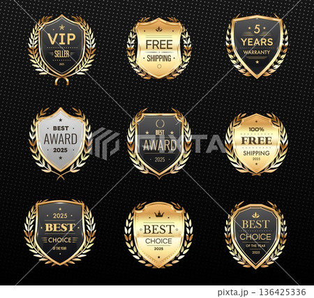 Golden shield badges and labels, award marks with laurel wreaths. Realistic 3D vector badges with luxury details for awards, certificates, business branding, or premium product labels Golden shield badges and labels, award marks with laurel wreaths. Realistic 3D vector badges with luxury details for awards, certificates, business branding, or premium product labels 136425336
