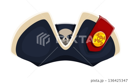 Cartoon pirate tricorn and corsair captain hat with skull emblem and red badge. Navy filibuster costume accessory symbolizing sea adventure, danger, buccaneer legend. Swashbuckler headwear cocked cap 136425347