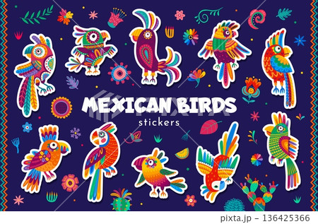 Cartoon mexican parrot birds stickers pack. Brazil rainforest ornate parrot vector sticker, Mexican fauna colorful animal label. Tropical jungle funny bird sticker patch or exotic cute fauna tag 136425366