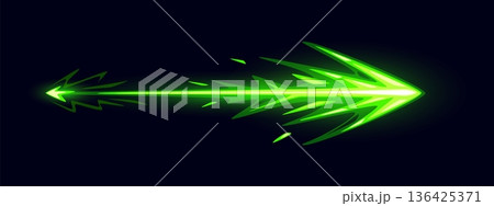 Cartoon glowing green game gun vfx effect magic power light wave or wizard glow. Sorcerer magical arrow attack, fantasy spell or blast energy. Vector abstract flow with neon sparkle, trail and glow 136425371