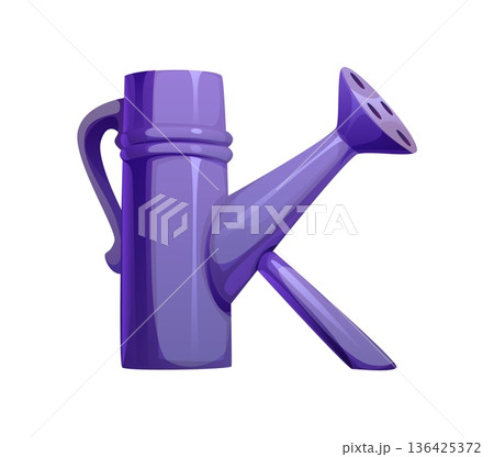 Letter K as watering can with spout and handle, agriculture typeface, cartoon farm font, harvest type, funny English alphabet. Glossy vector abc character for gardening, farming, horticulture themes 136425372