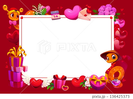Valentine Day greeting card frame with cartoon snakes characters, love hearts and holiday gifts. Vector Valentines heart balloons, rose flowers, love letter and calendar greeting card background frame 136425373