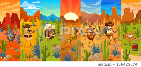 Cartoon nuts and beans collage with cowboy and bandit characters. Sunflower seed gunslinger, peanut outlaw, coconut sheriff, chili bandit, pinecone ranger with lasso, almond guitarist, walnut with tnt Cartoon nuts and beans collage with cowboy and bandit characters. Sunflower seed gunslinger, peanut outlaw, coconut sheriff, chili bandit, pinecone ranger with lasso, almond guitarist, walnut with tnt 136425374