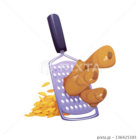 Ginger root being grated on metal grater with fresh slices and shavings showing cooking process or ingredient preparation. Cartoon vector kitchen utensil with spice root emphasizing culinary food prep 136425385