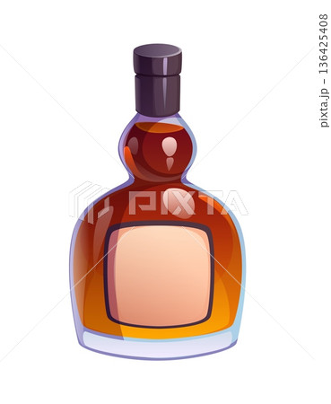 Cartoon whiskey drink alcohol beverage. Dark brown liquor bottle with a wide rounded base and slim neck isolated on white. Vector whiskey, rum or brandy glass bottle with blank label, bar menu product 136425408