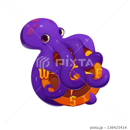 Pirate game asset icon of cartoon octopus on sailing compass, vector heraldry symbol. Octopus kraken with rose of winds compass in tentacles, Caribbean pirates adventure game element or heraldic icon 136425414