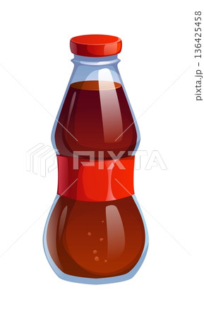 Cartoon soda drink beverage with dark fizzy drink and shows rising bubbles inside. Soda bottle with a red cap a wide label wrapped around the middle. Vector summer cold drink in transparent bottle Cartoon soda drink beverage with dark fizzy drink and shows rising bubbles inside. Soda bottle with a red cap a wide label wrapped around the middle. Vector summer cold drink in transparent bottle 136425458