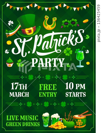 Happy St Patrick day party flyer with green shamrocks, leprechaun hat, drinks, and event details. Cartoon vector festive template offering live music, green beer, free entry and fun on march 17th Happy St Patrick day party flyer with green shamrocks, leprechaun hat, drinks, and event details. Cartoon vector festive template offering live music, green beer, free entry and fun on march 17th 136425459